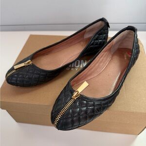 Vince Camaro Black Quilted Faux Leather Flats with Gold Zipper 7M